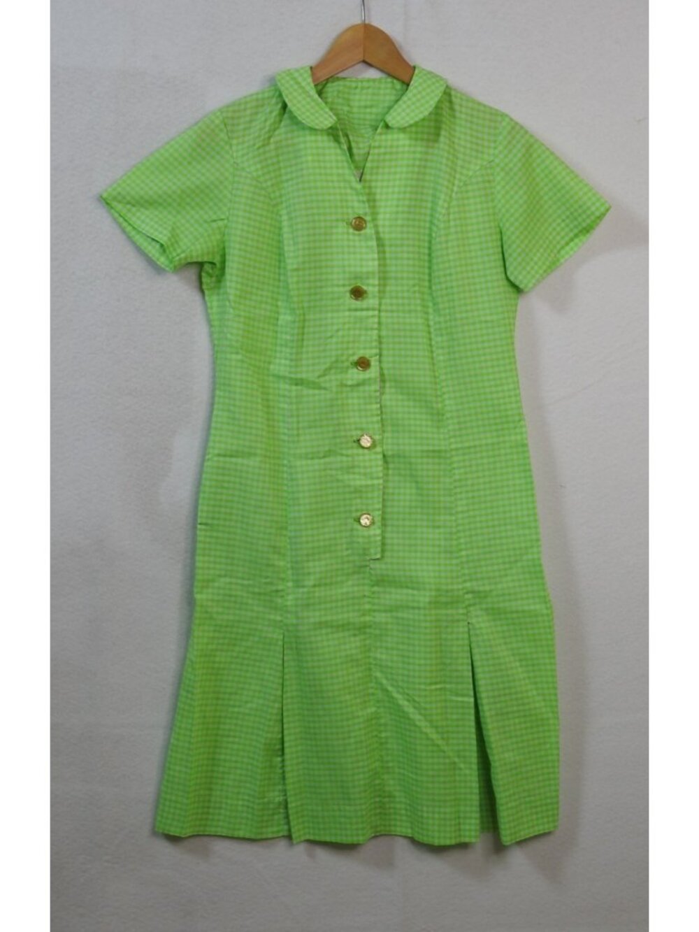 VTG 1960s Miss Smith Lime Grn Gingham Shirt Dress Mod Cottagecore Pockets Sz M - Picture 3 of 12